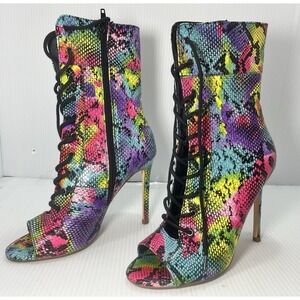 Olivia Ferguson Rainbow‎ Snake Print Peep Toe Lace Up Stiletto Heels Size 6.5